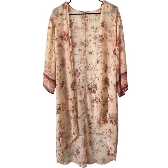 MAURICES Floral Kimono Sheer Open Front XL Cream Mauve Pink Boho Lightweight - Picture 2 of 6